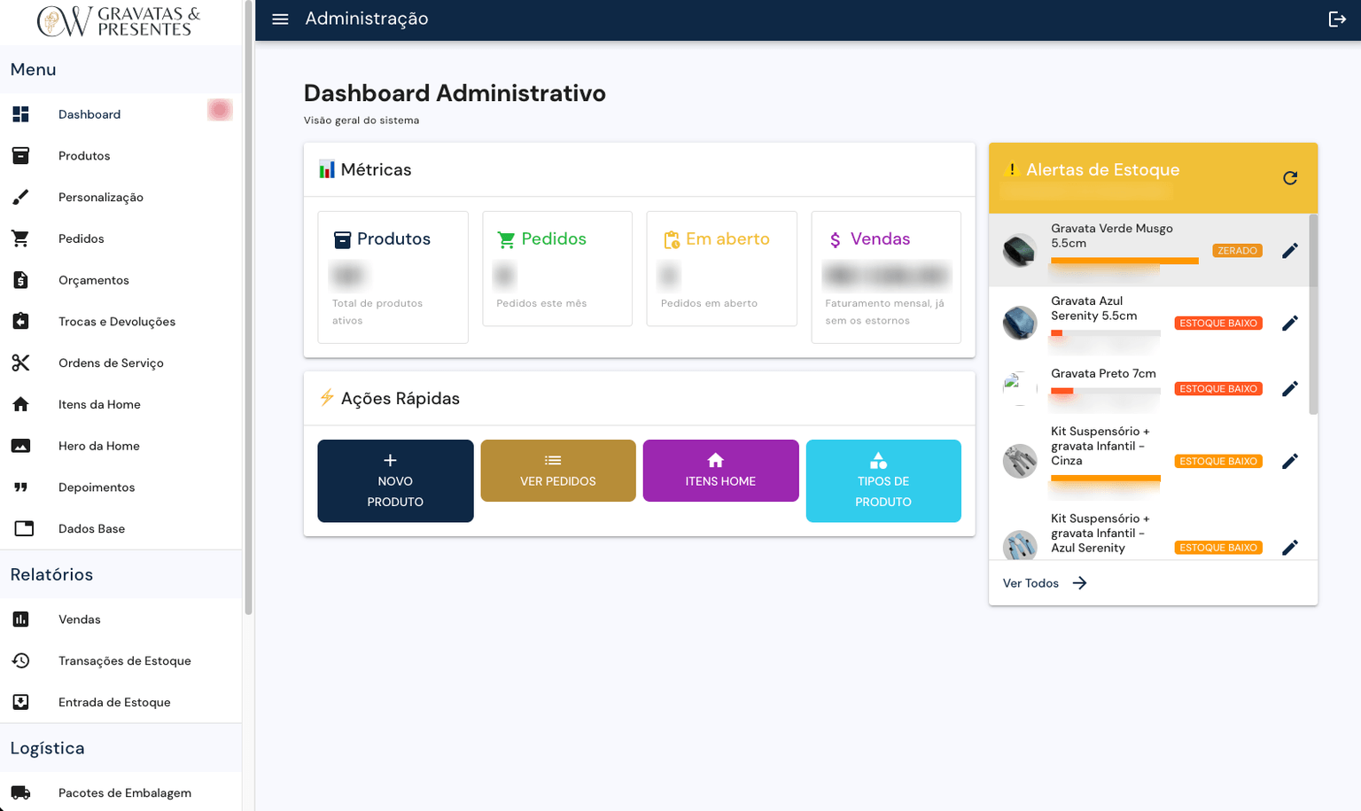 CW Gravatas admin dashboard: product, order and sales metrics, quick actions and low-stock alerts